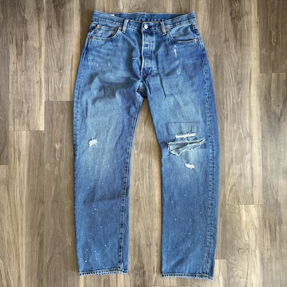 Levis 501 Premium Jeans Mens 36x34 Blue Big E Modern 93 Washed Out Faded Pants - Picture 2 of 8